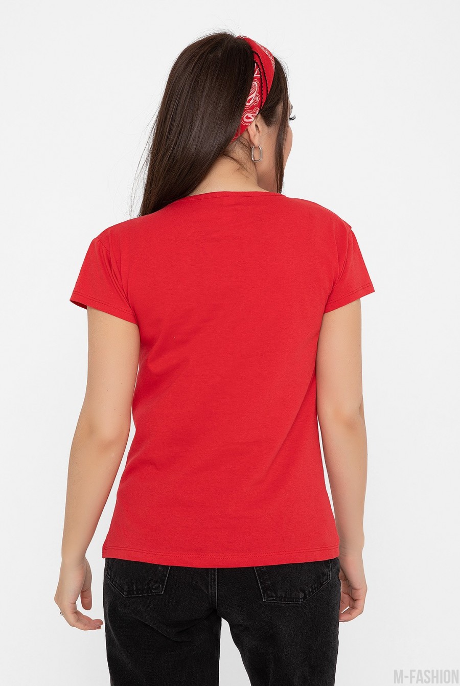 Красная трикотажная футболка с принтом- Фото 3