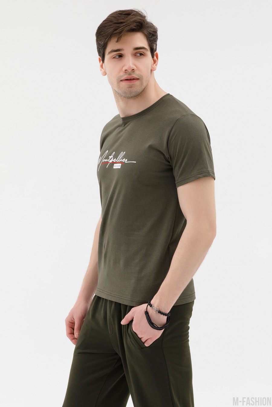 Трикотажная футболка цвета хаки с надписью- Фото 2