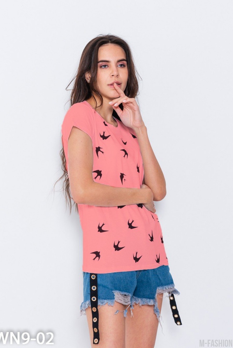 Розовая футболка из трикотажа с птичьим принтом- Фото 2