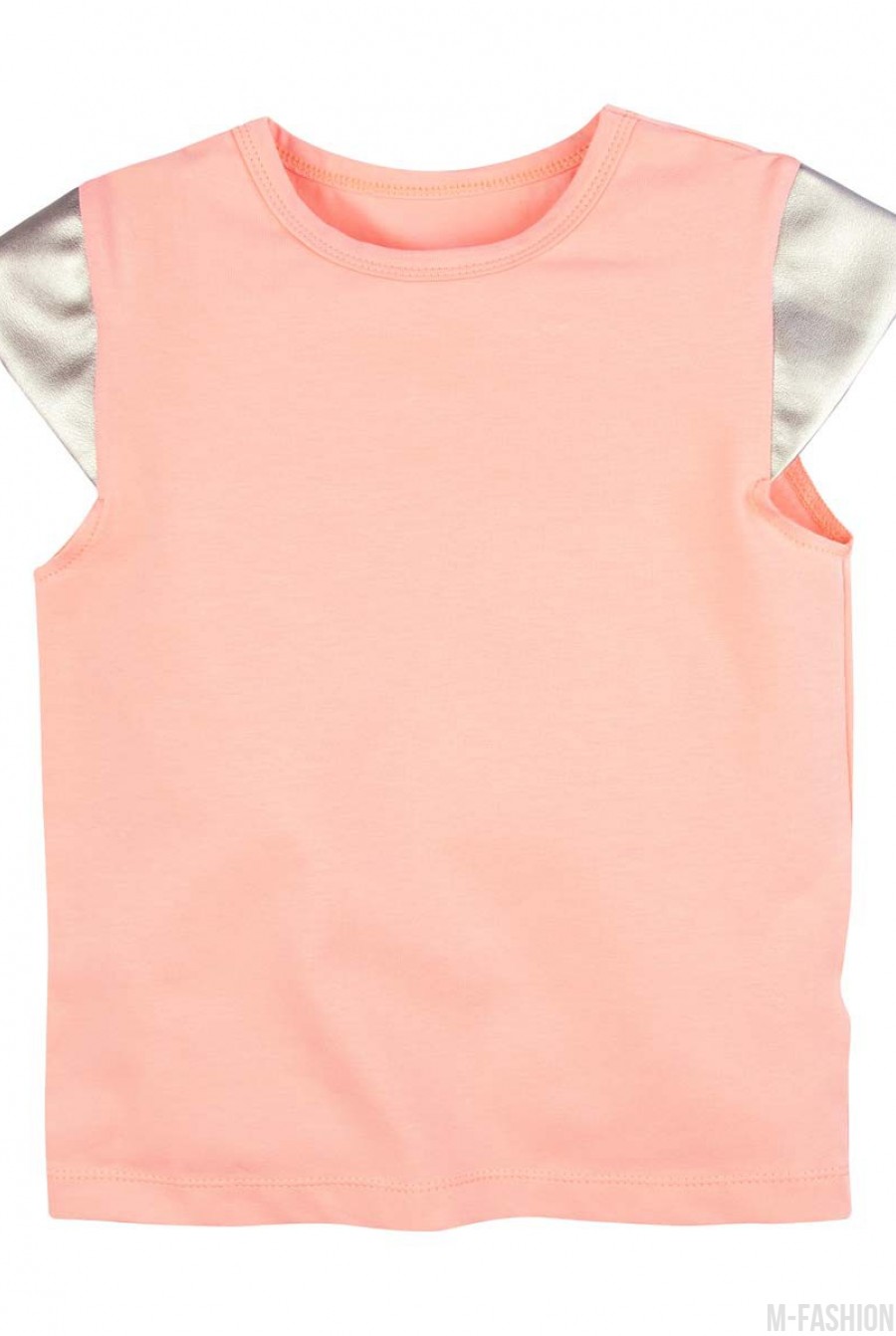 Хлопковая персиковая футболка с короткими золотистыми рукавами из эко-кожи - Фото 1