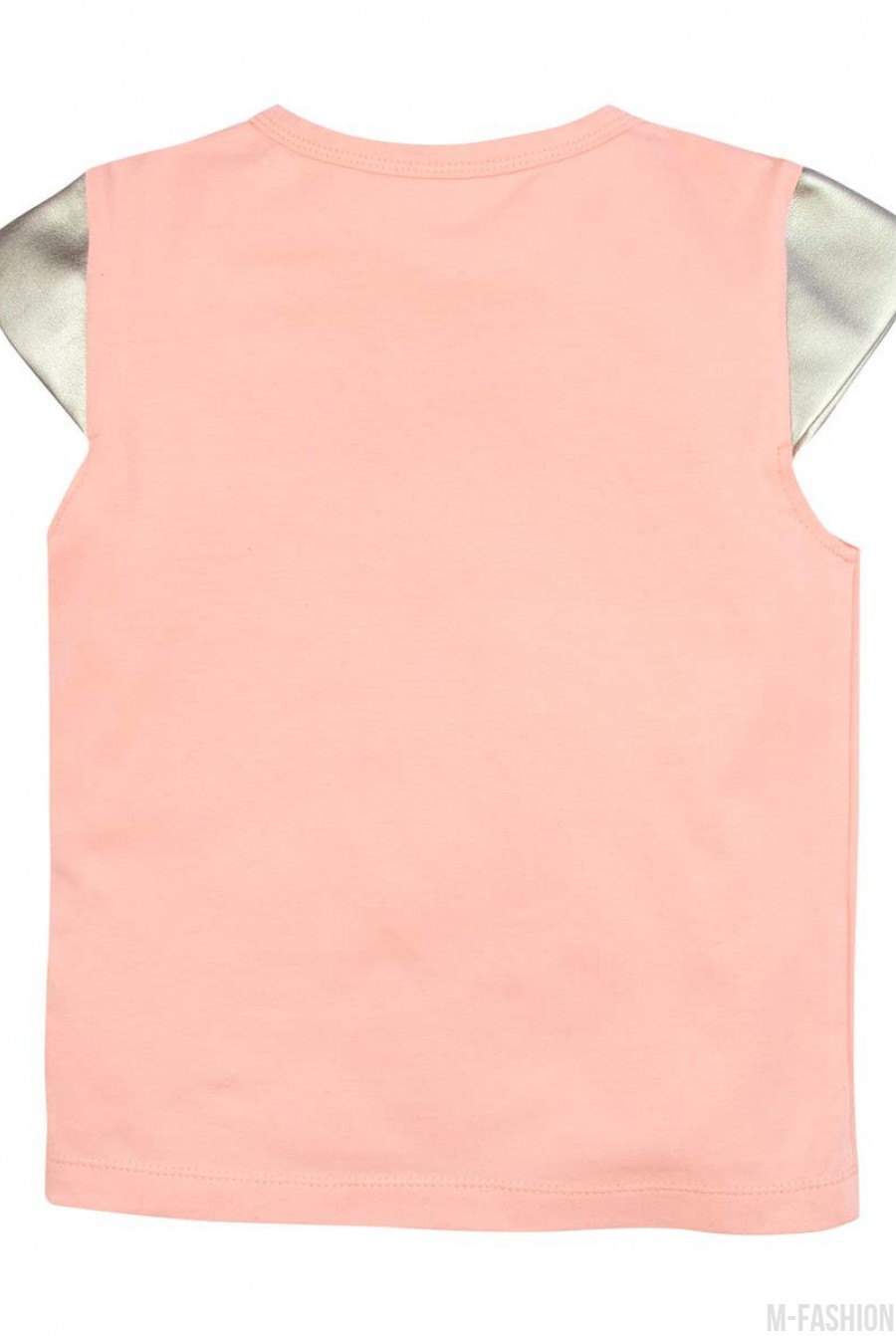 Хлопковая персиковая футболка с короткими золотистыми рукавами из эко-кожи- Фото 5