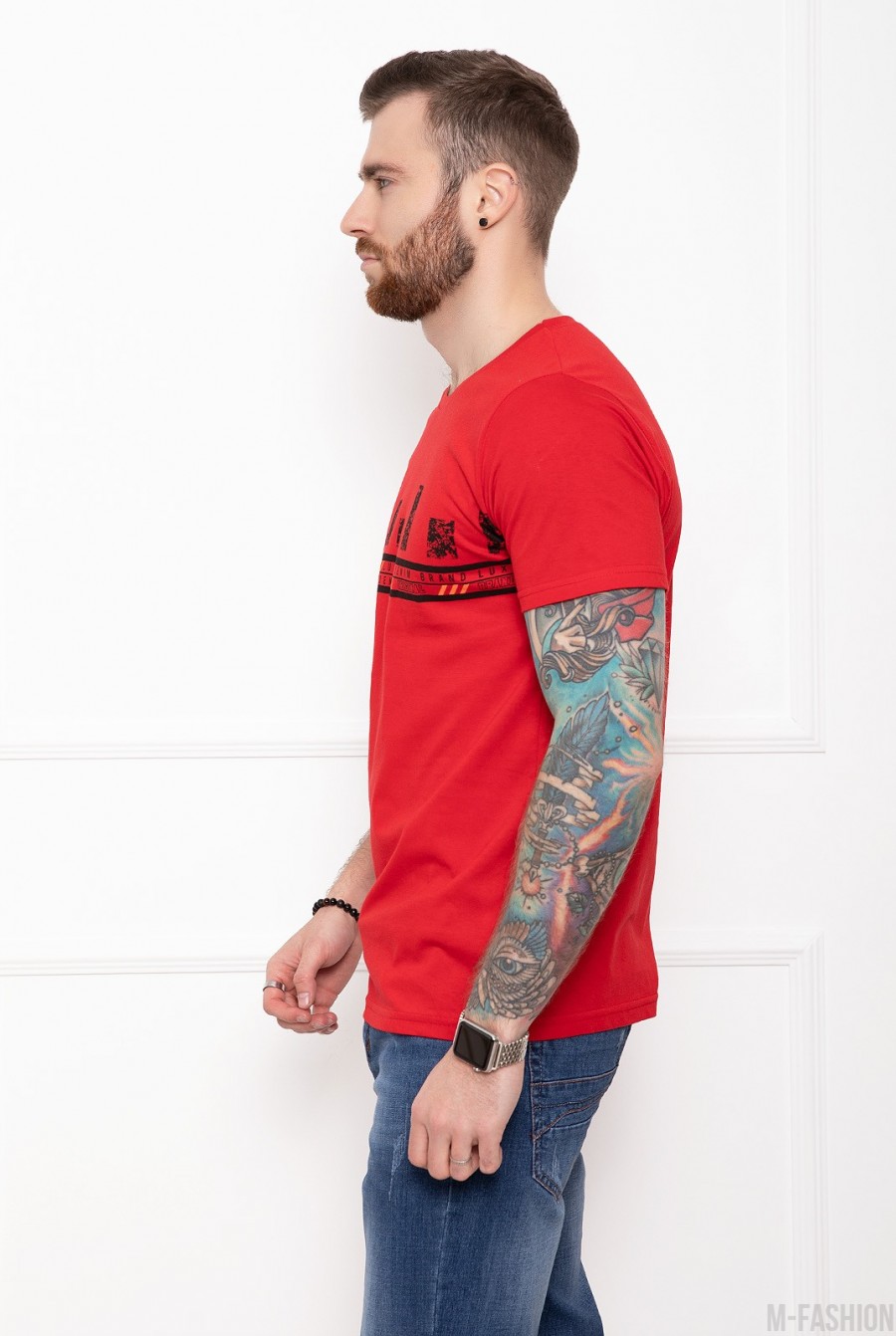 Красная хлопковая принтованная футболка- Фото 2