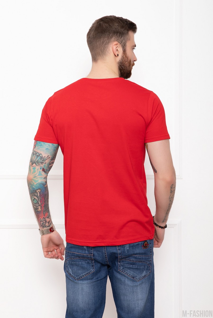 Красная хлопковая принтованная футболка- Фото 3