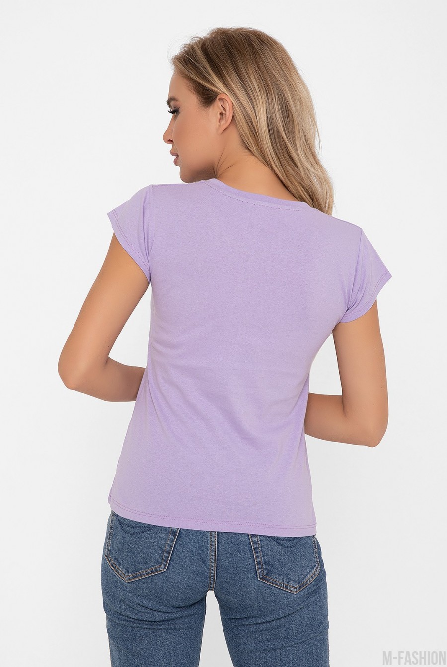 Сиреневая хлопкова футболка с цветным принтом- Фото 3