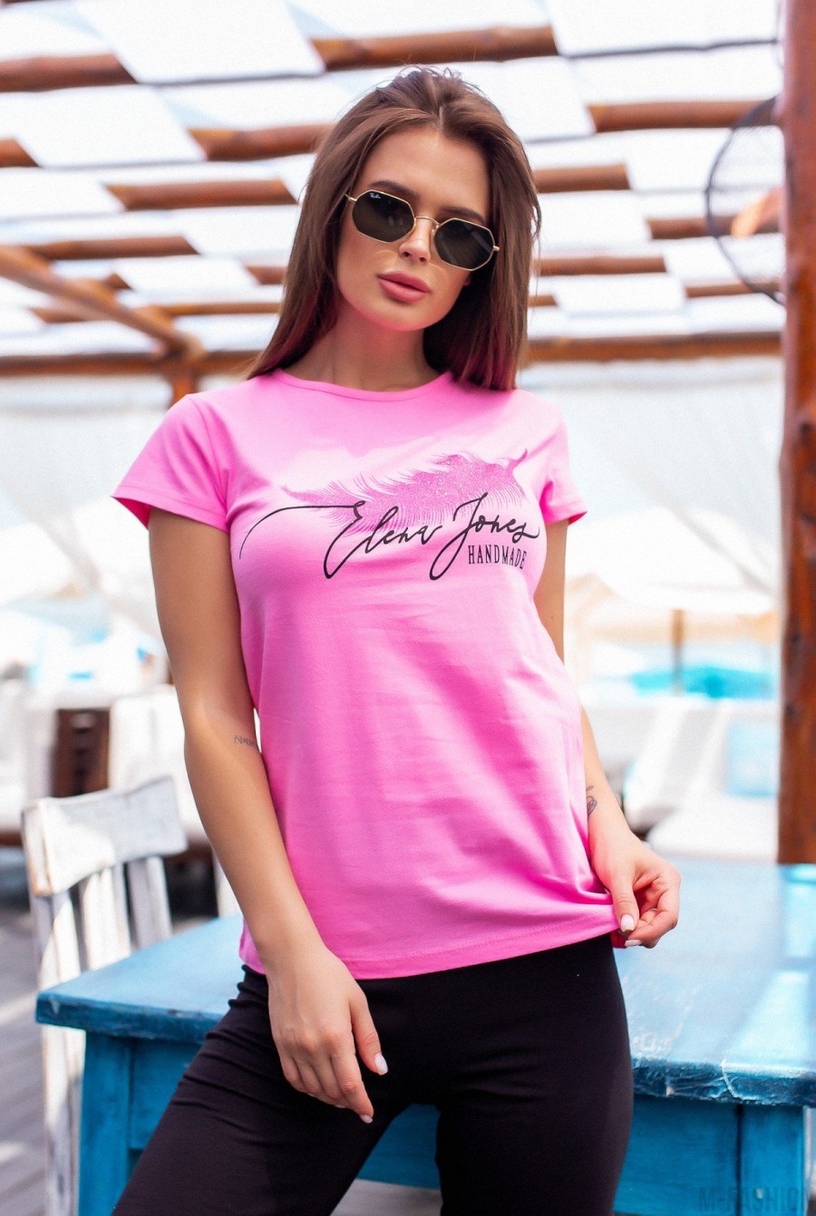 Розовая хлопковая футболка с блестящим декором- Фото 2