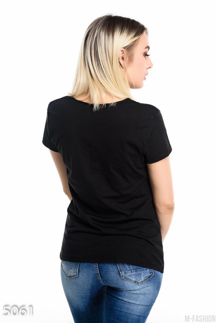Черная футболка с принтом и отделкой лентами- Фото 3