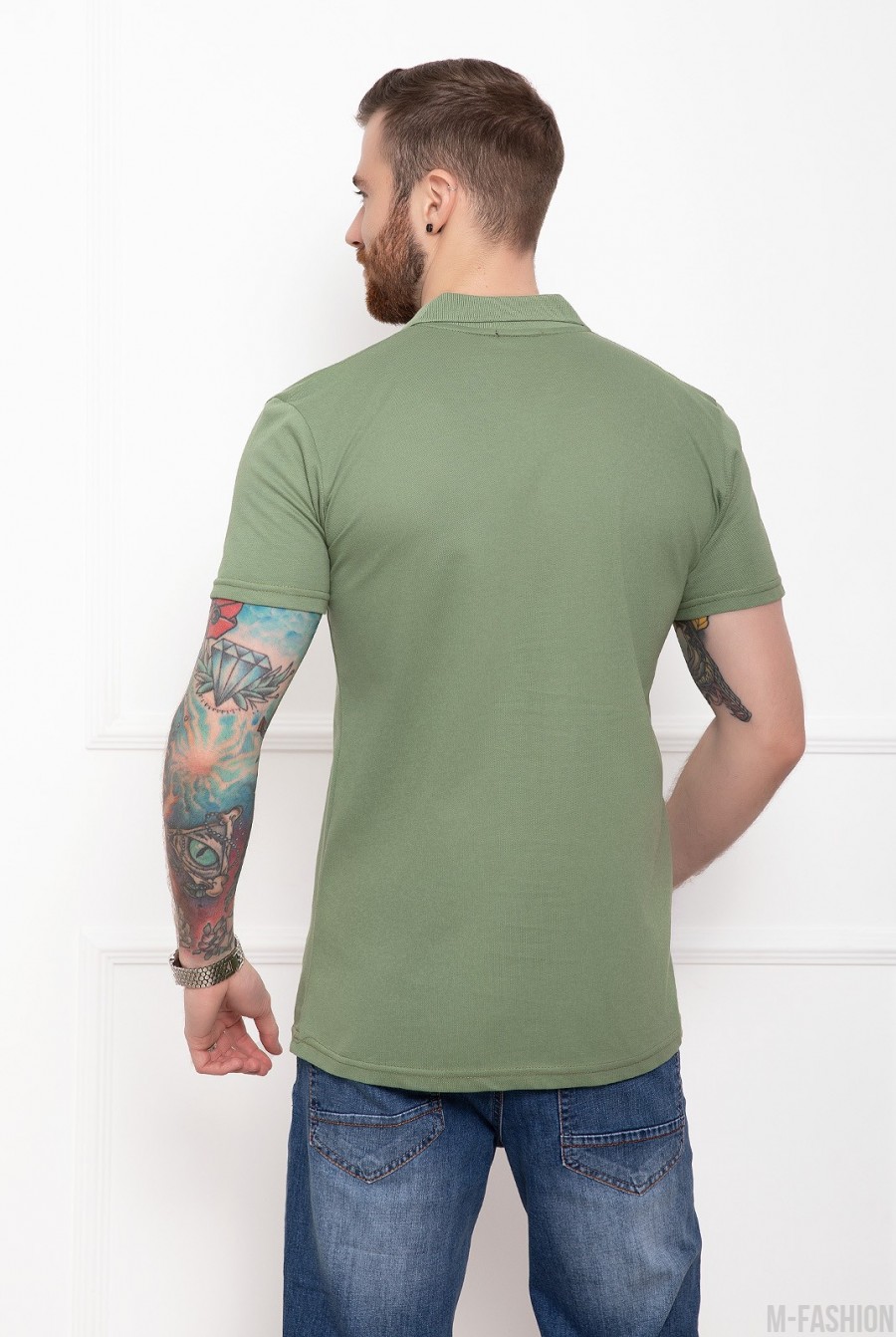 Коттоновая футболка-поло цвета хаки- Фото 3