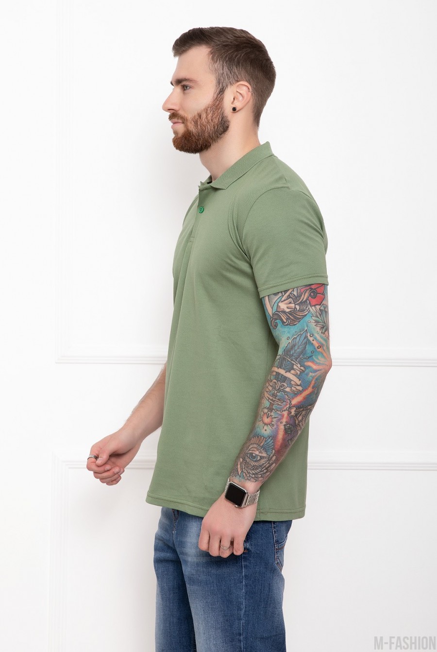 Коттоновая футболка-поло цвета хаки- Фото 2