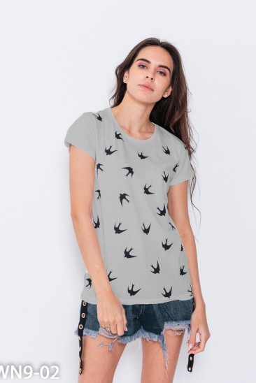 Серая футболка из трикотажа с птичьим принтом