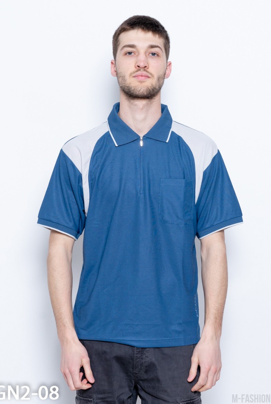 Синяя спортивная футболка-поло с серыми вставками - Фото 1