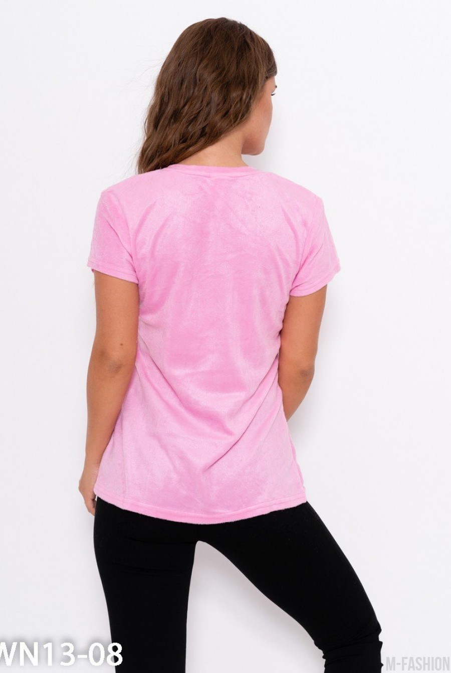 Розовая флисовая футболка с принтом- Фото 4
