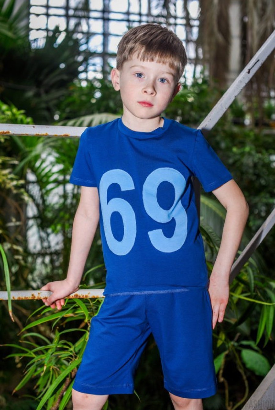 Футболка котоновая детская синего цвета с голубыми цифрами- Фото 2