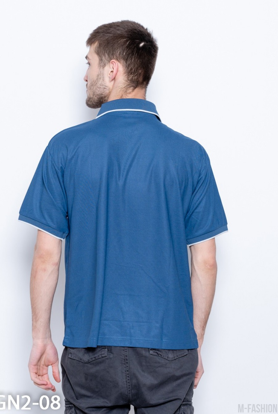 Синяя спортивная футболка-поло с серыми вставками- Фото 3
