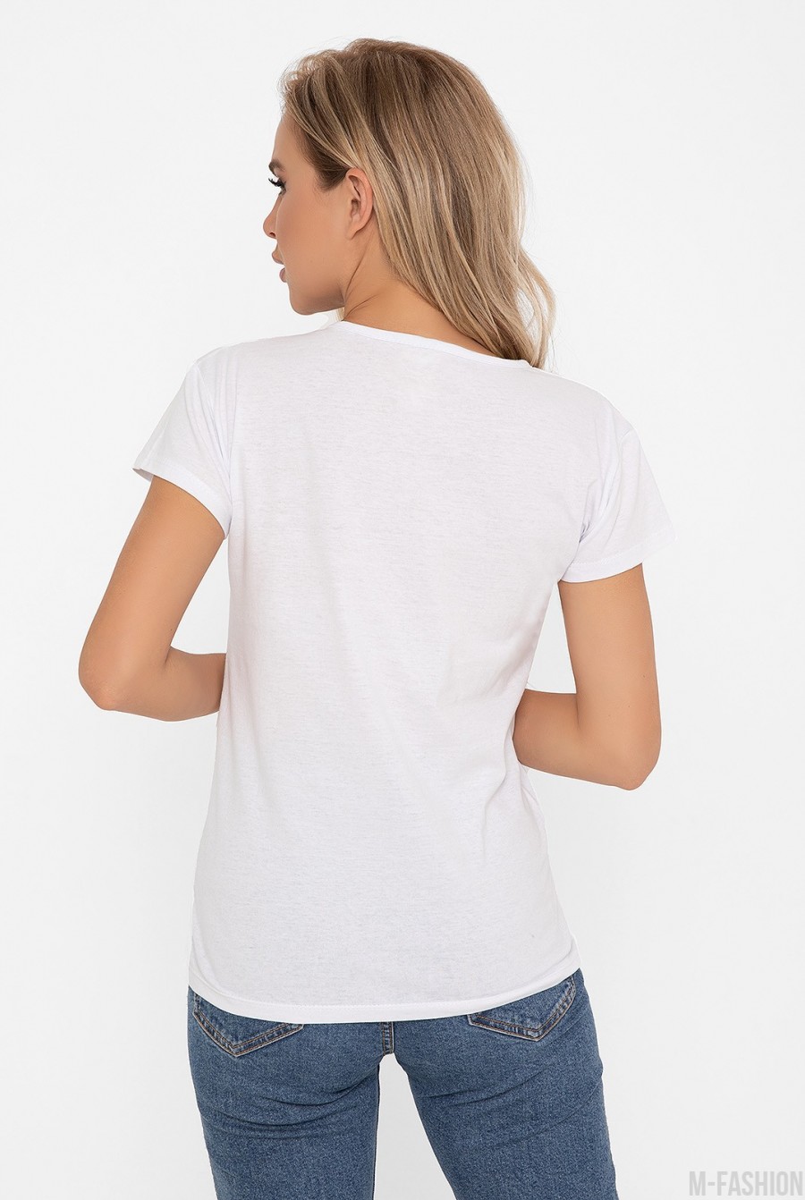 Белая трикотажная футболка с принтом- Фото 3