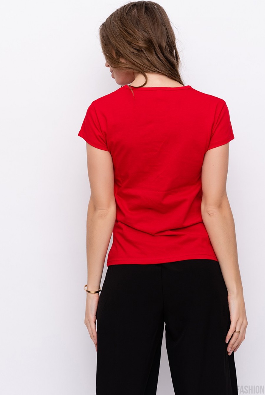 Красная футболка из тонкого хлопка декорированная принтом- Фото 5