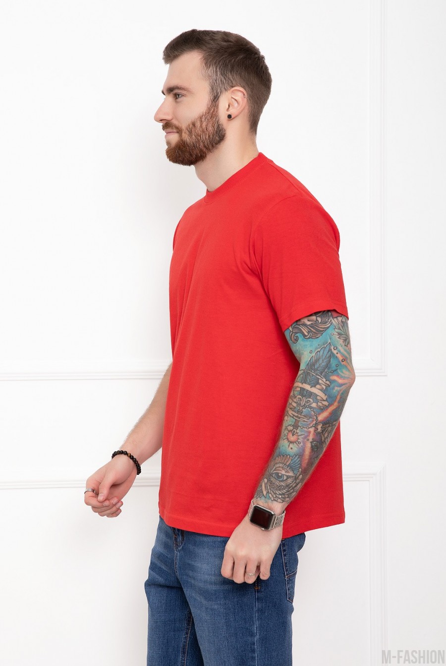 Красная однотонная футболка из трикотажа- Фото 2