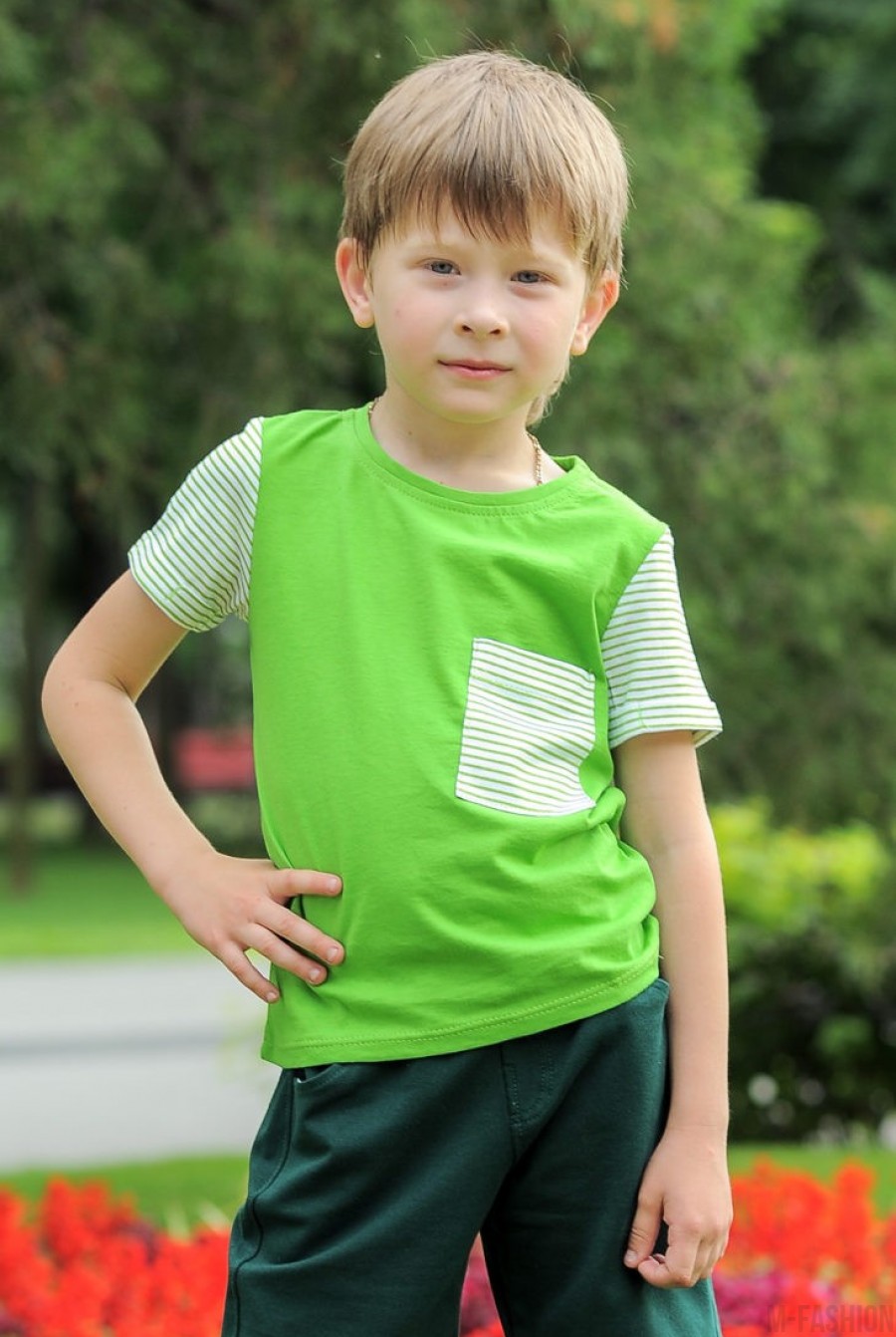 Футболка котоновая детская с карманом салатового цвета- Фото 2