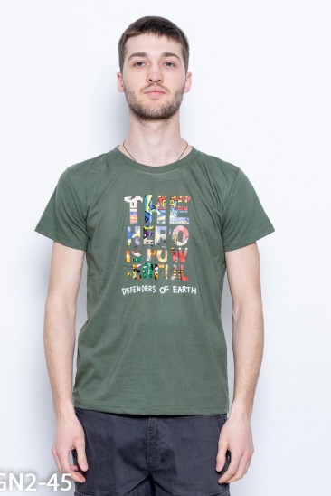Трикотажная футболка цвета хаки с ярким принтом