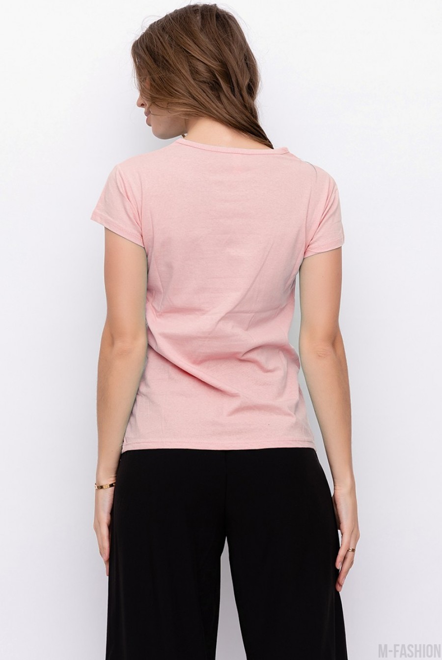 Розовая хлопковая тонкая футболка с аппликацией- Фото 5