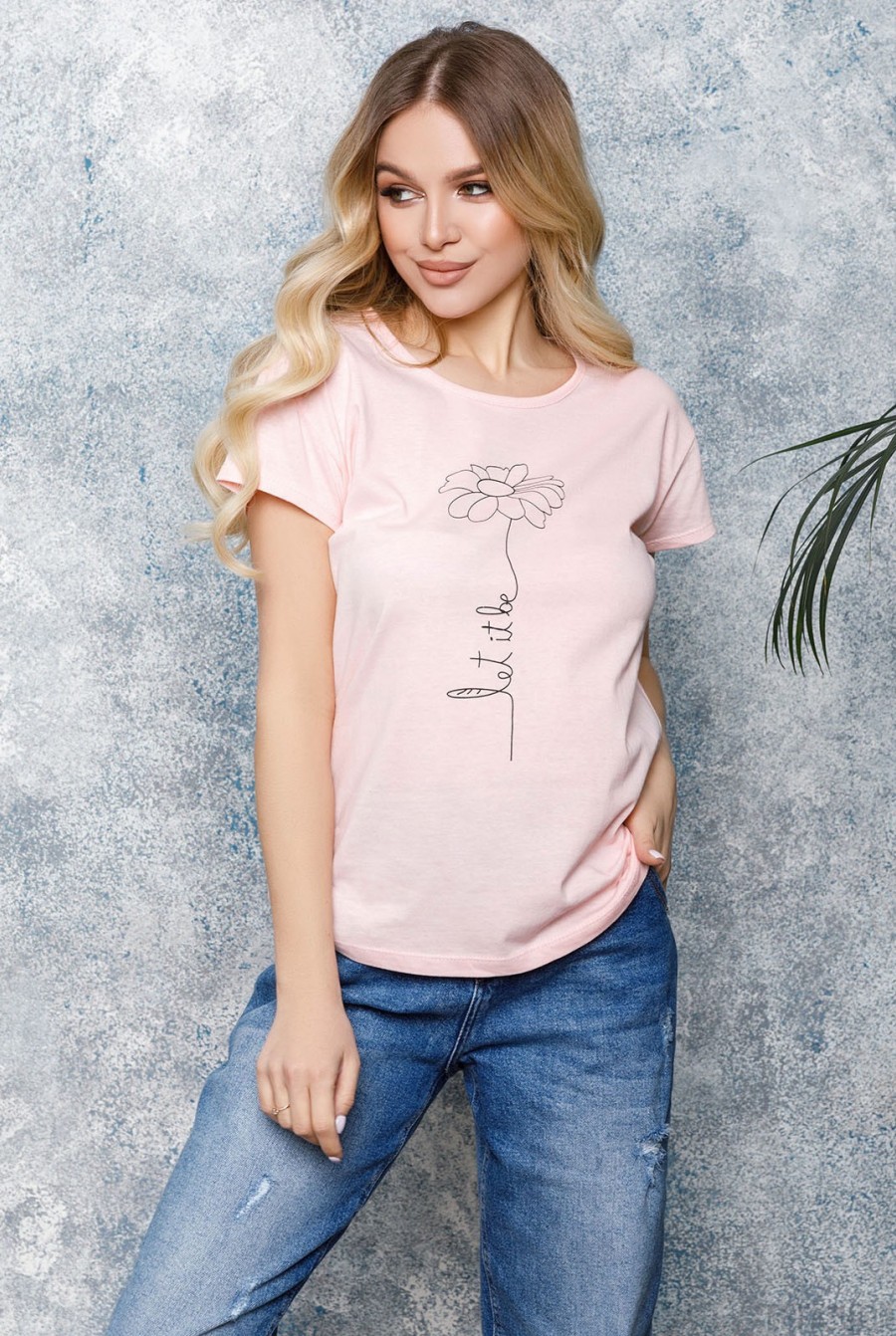 Розовая хлопковая футболка с романтичным принтом - Фото 1