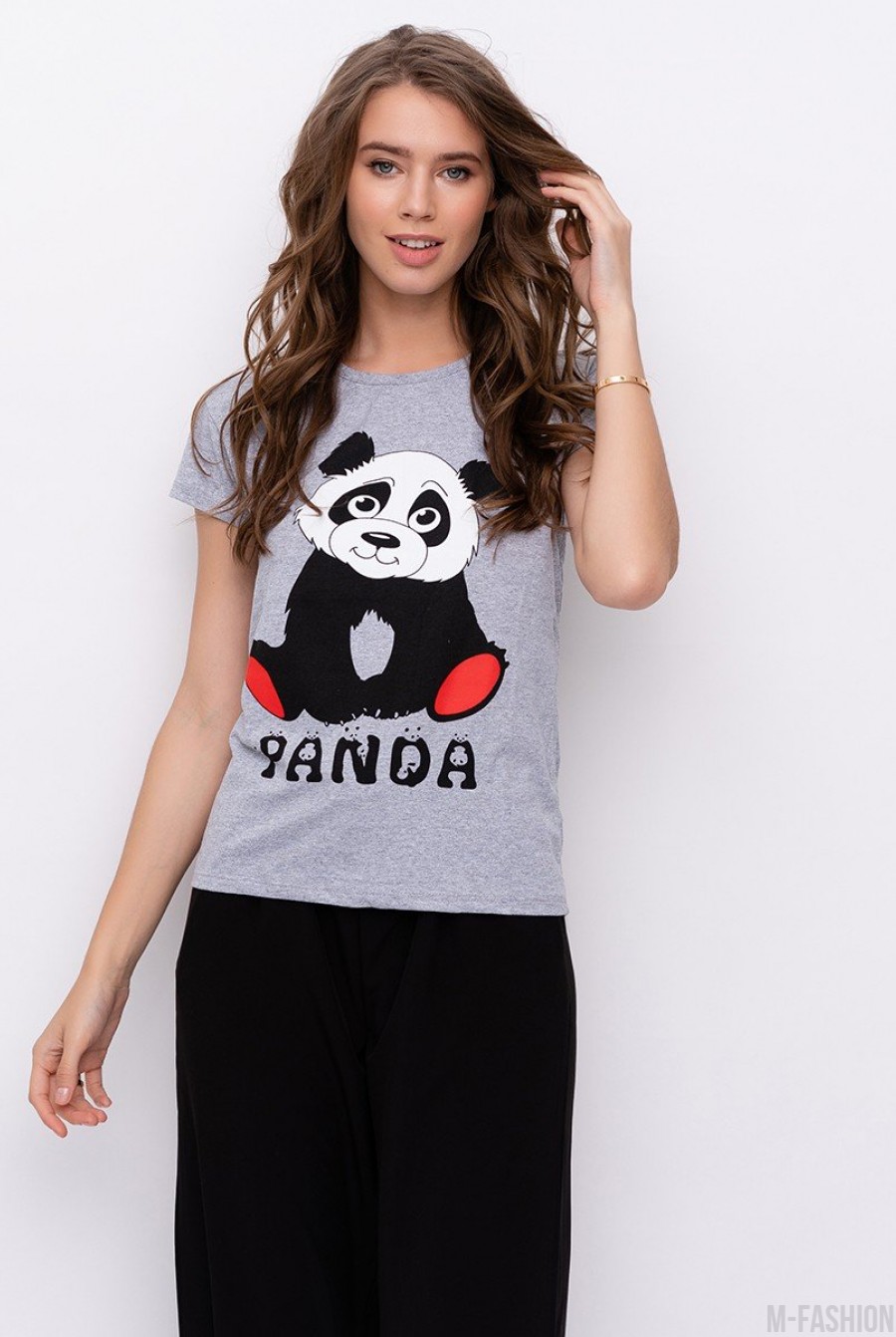 Серая хлопковая футболка с принтом в виде панды - Фото 1