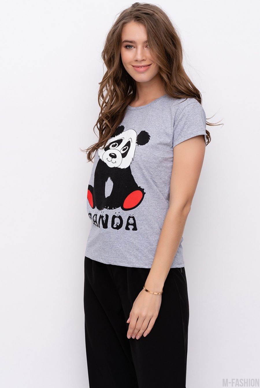 Серая хлопковая футболка с принтом в виде панды- Фото 2