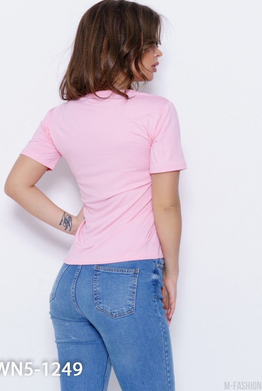 Розовая меланжевая трикотажная футболка с принтом- Фото 3