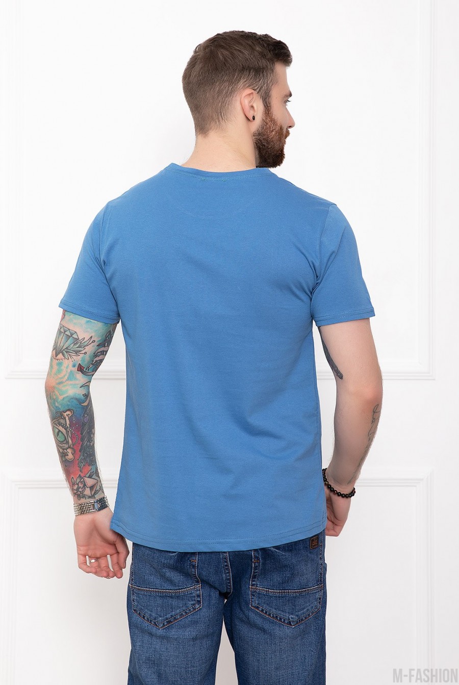 Синяя хлопковая футболка с надписями- Фото 3