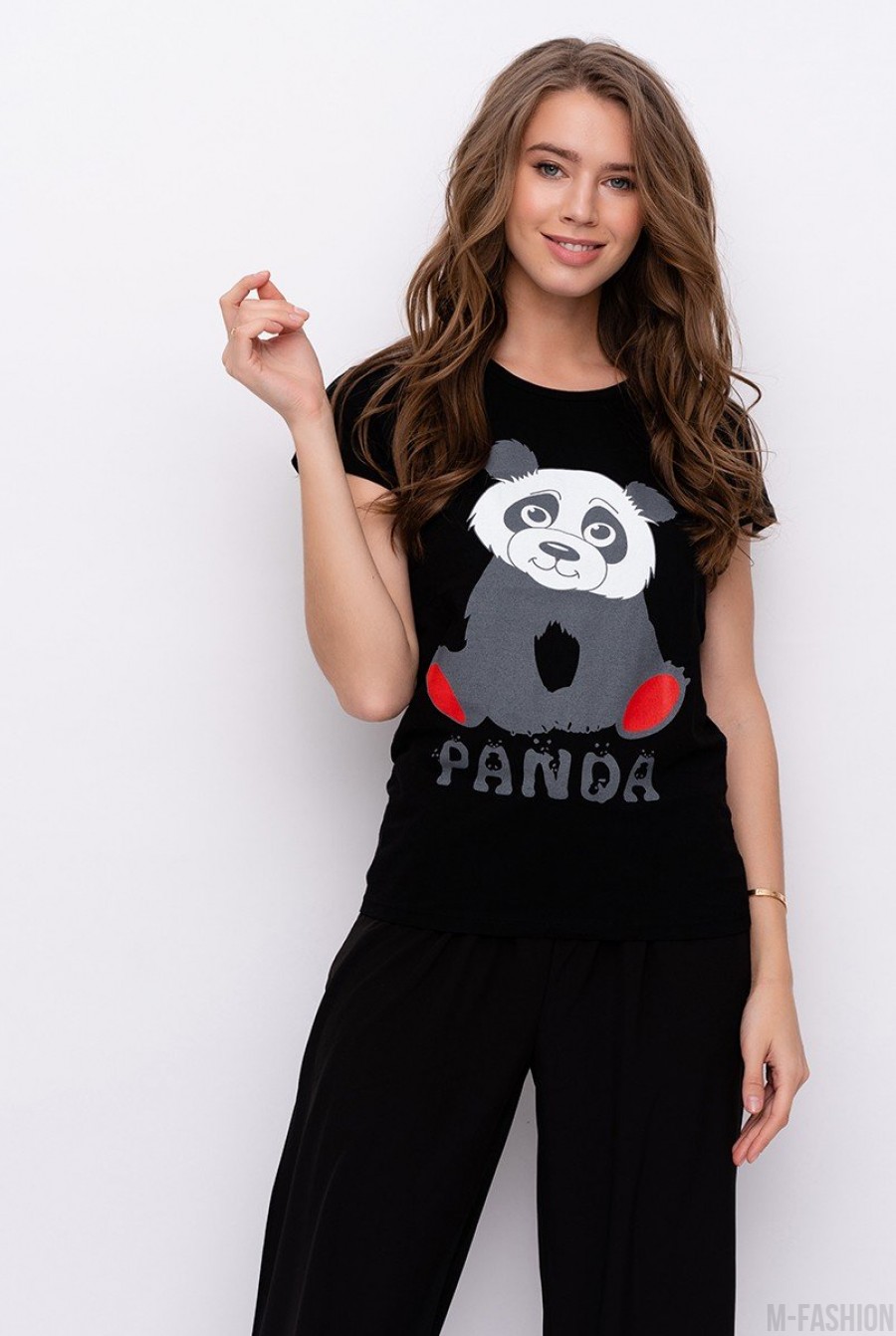 Черная хлопковая футболка с принтом в виде панды - Фото 1