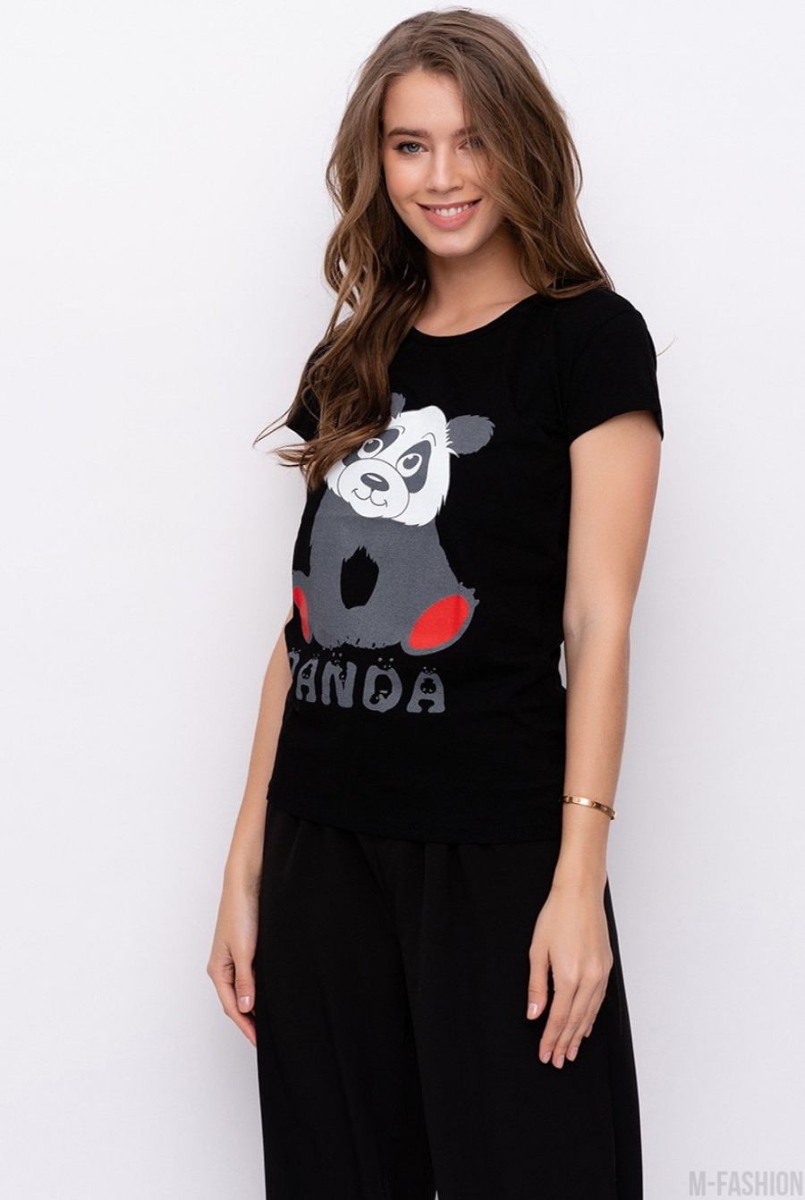 Черная хлопковая футболка с принтом в виде панды- Фото 2