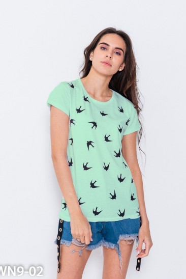 Мятная футболка из трикотажа с птичьим принтом
