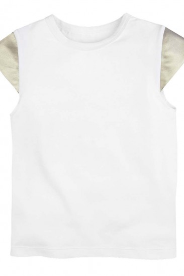 Белая хлопковая футболка с рукавами из золотистой эко-кожи