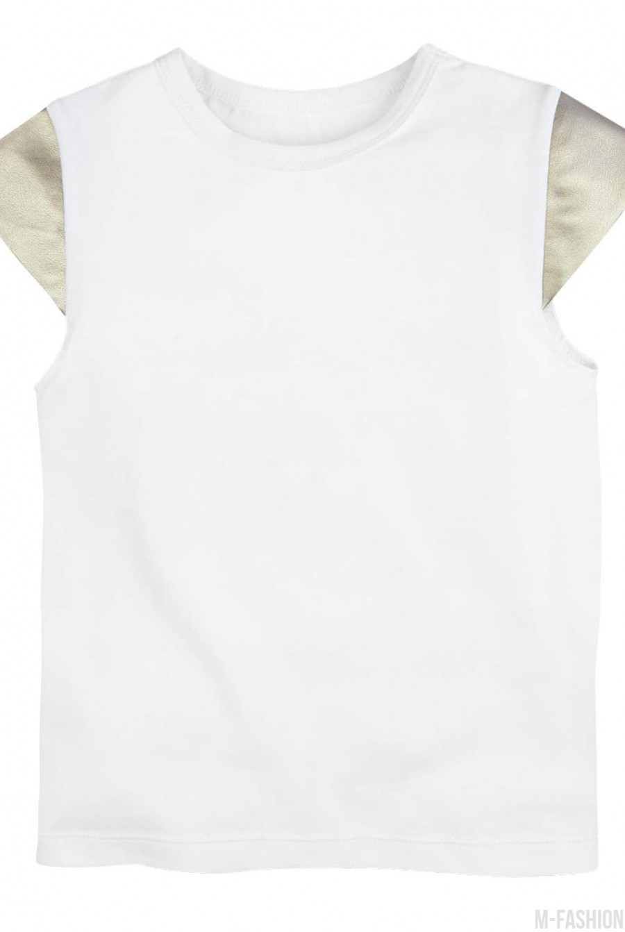 Белая хлопковая футболка с рукавами из золотистой эко-кожи - Фото 1
