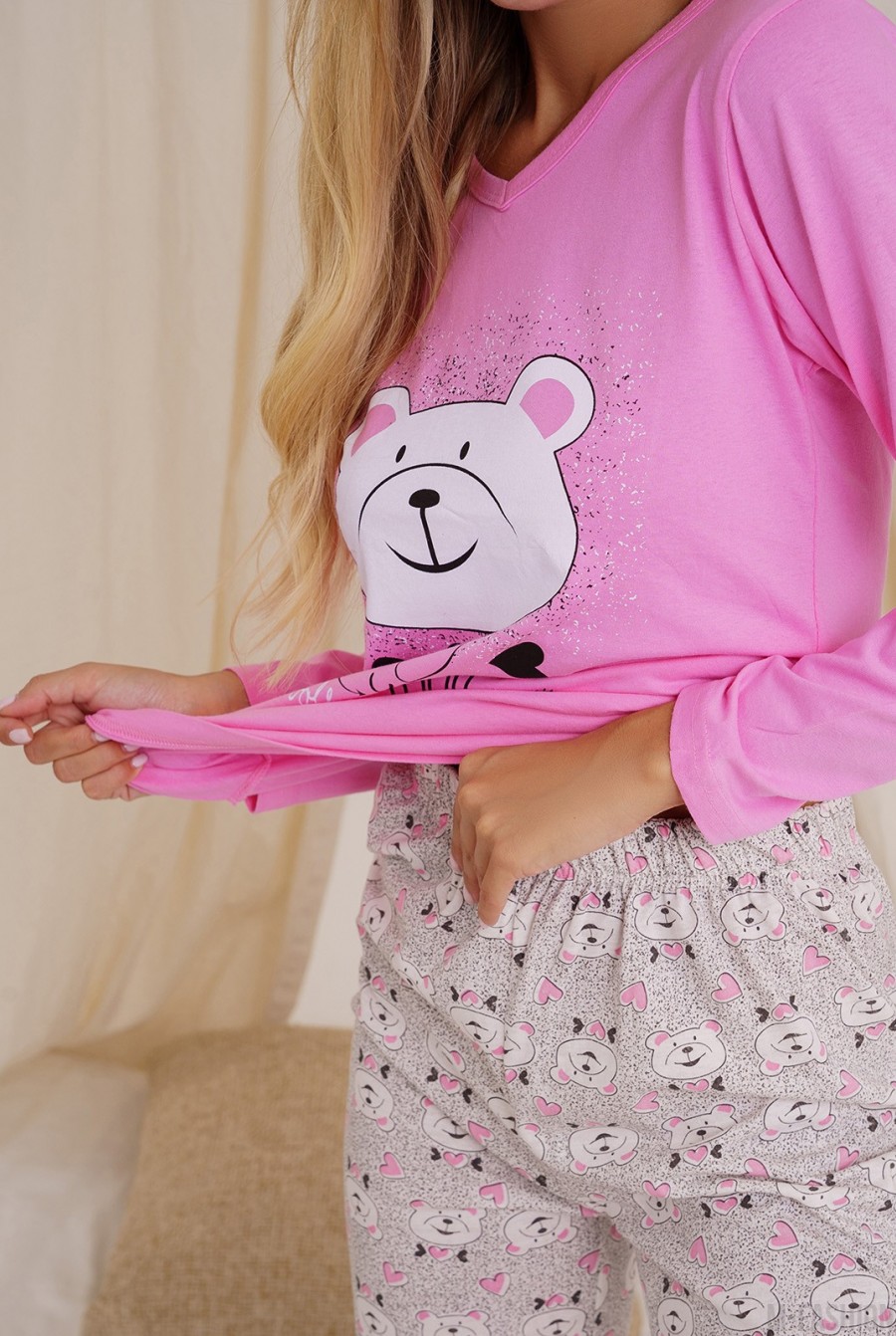 Розовая трикотажная пижама с мишками- Фото 4