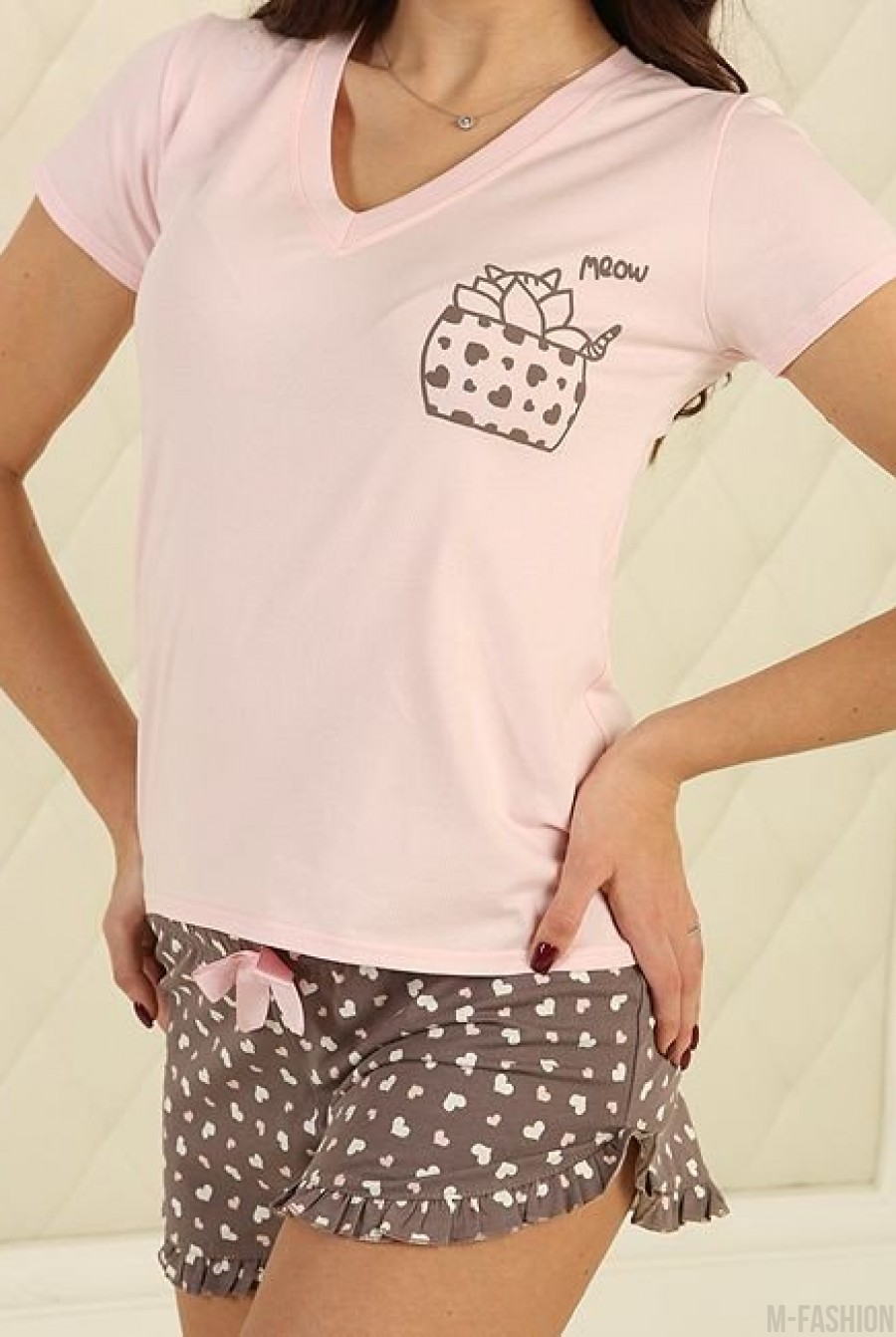 Коричнево-розовая короткая пижама с шортами- Фото 3