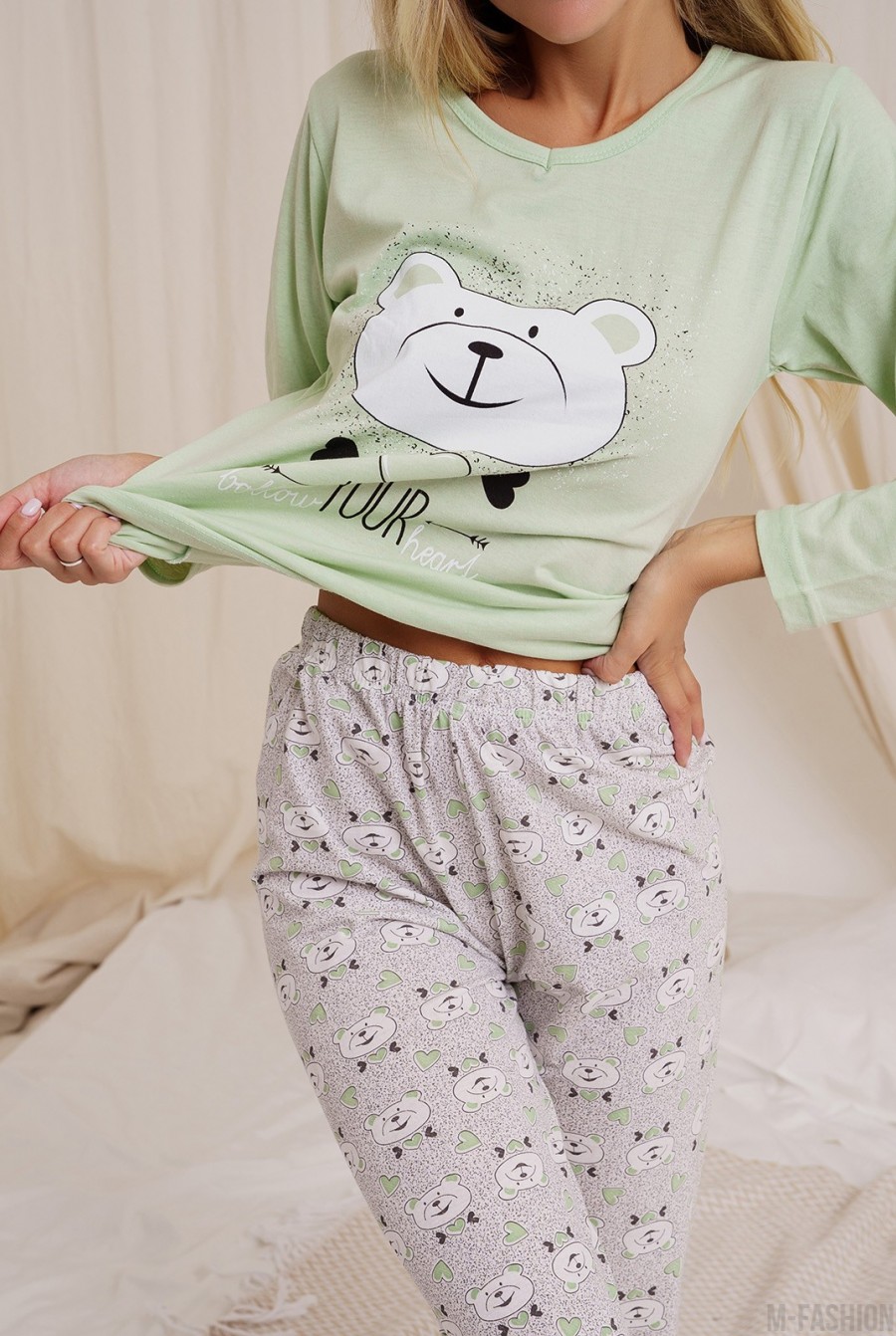 Мятная трикотажная пижама с мишками- Фото 4