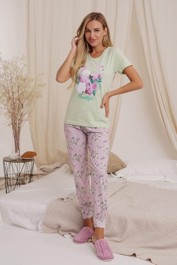 Мятная трикотажная пижама с фламинго