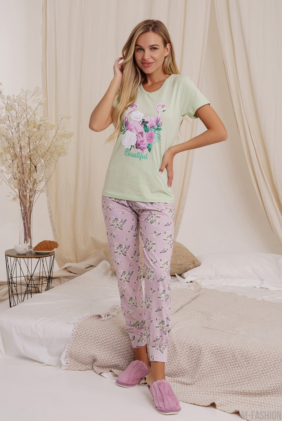 Мятная трикотажная пижама с фламинго - Фото 1