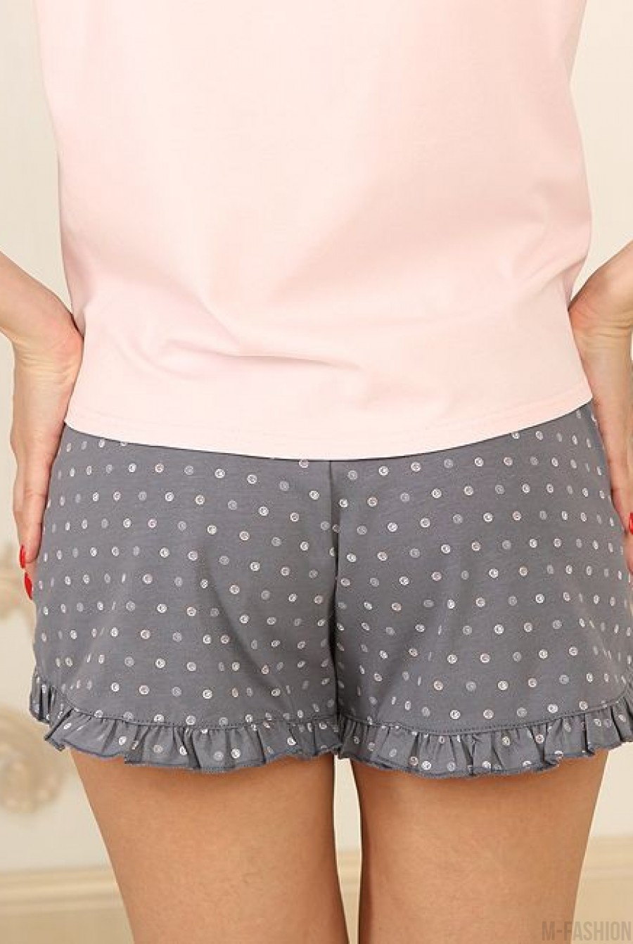 Серо-розовая пижама с короткими шортами- Фото 5