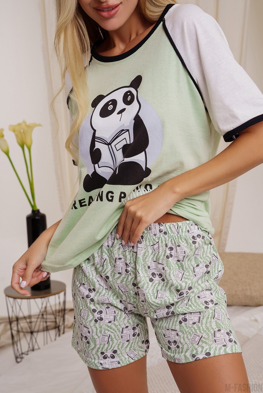 Мятная хлопковаяя пижама с шортами декорированная пандами- Фото 4