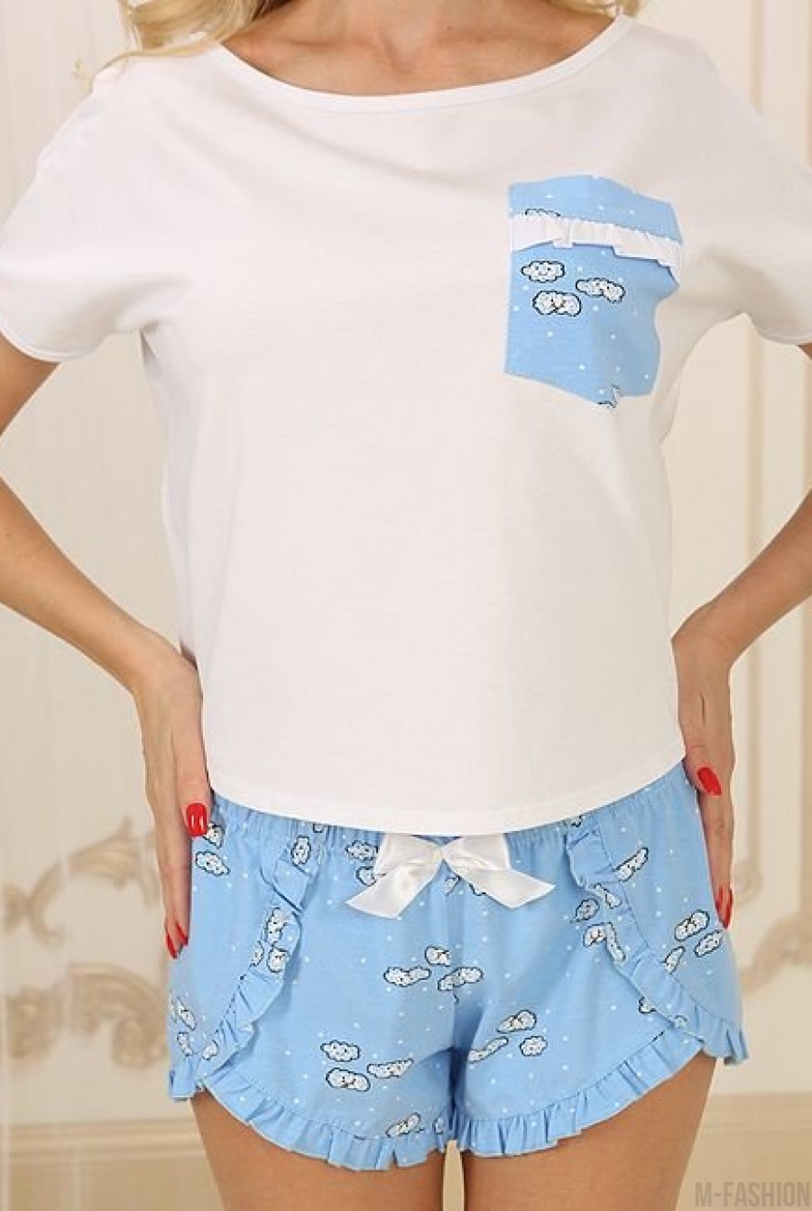 Бело-голубая трикотажная пижамка с шортами- Фото 3