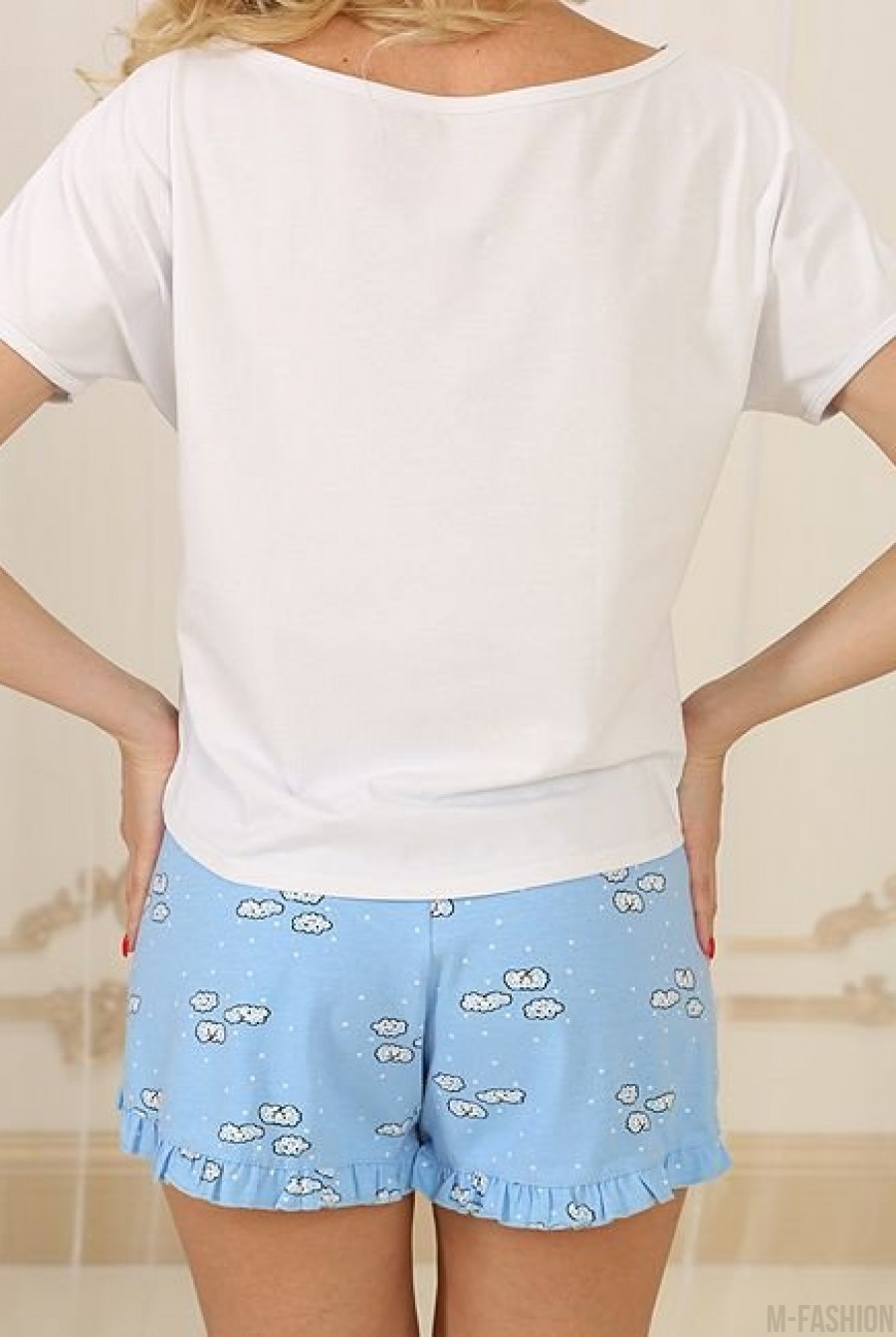 Бело-голубая трикотажная пижамка с шортами- Фото 5