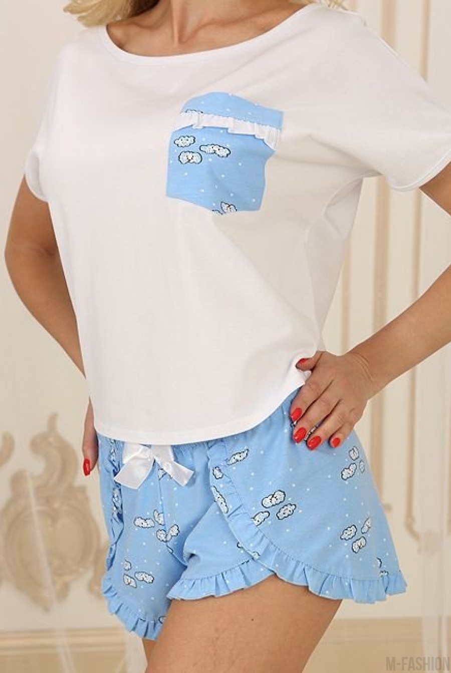 Бело-голубая трикотажная пижамка с шортами- Фото 6