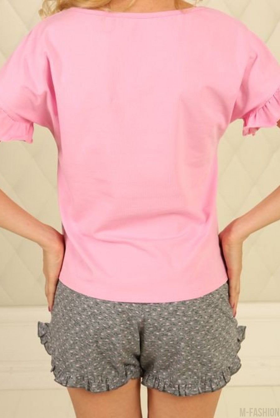 Розово-серая трикотажная пижама с рюшами- Фото 5