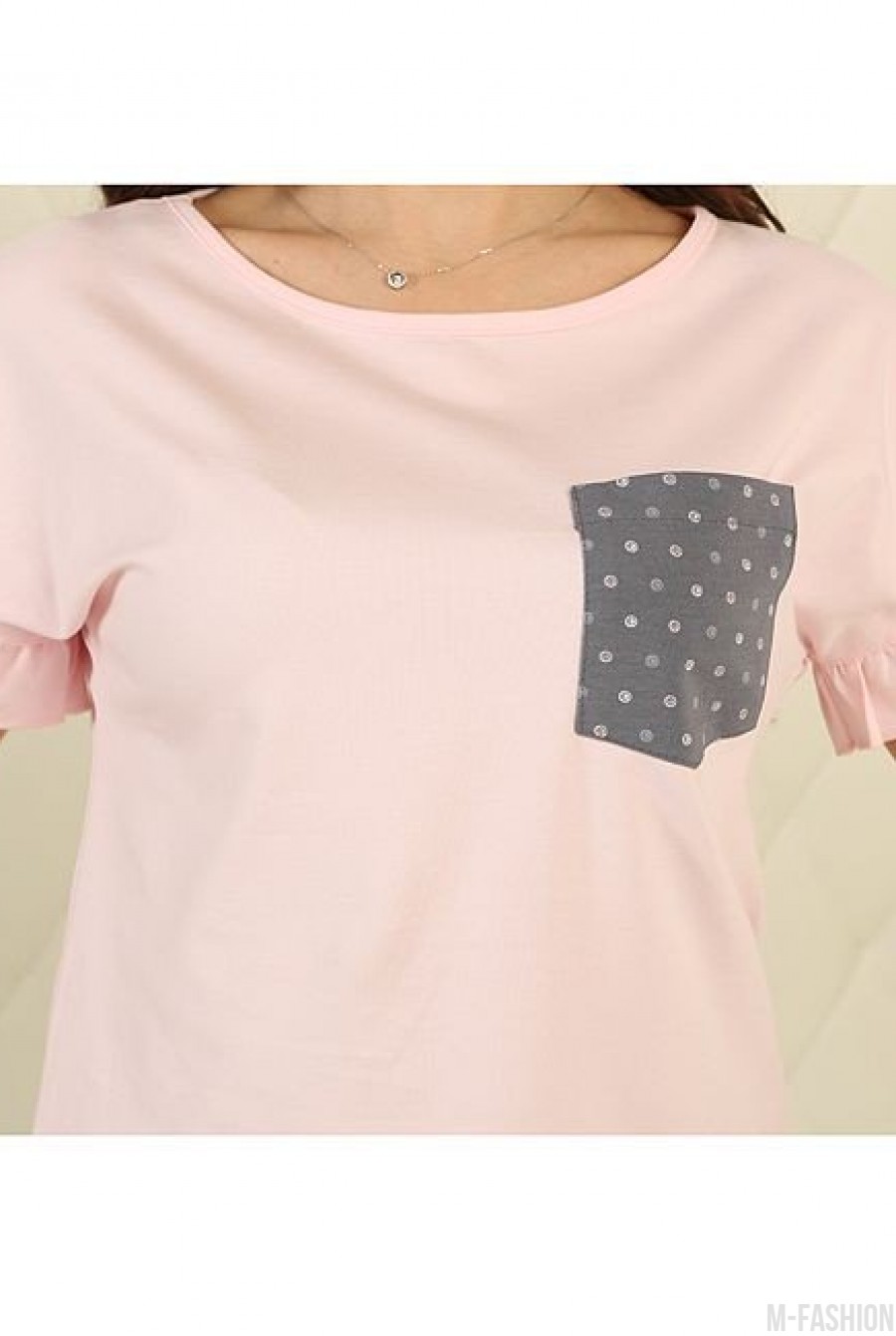 Серо-розовая брючная пижама с карманом- Фото 2