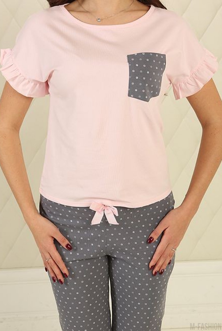 Серо-розовая брючная пижама с карманом- Фото 3