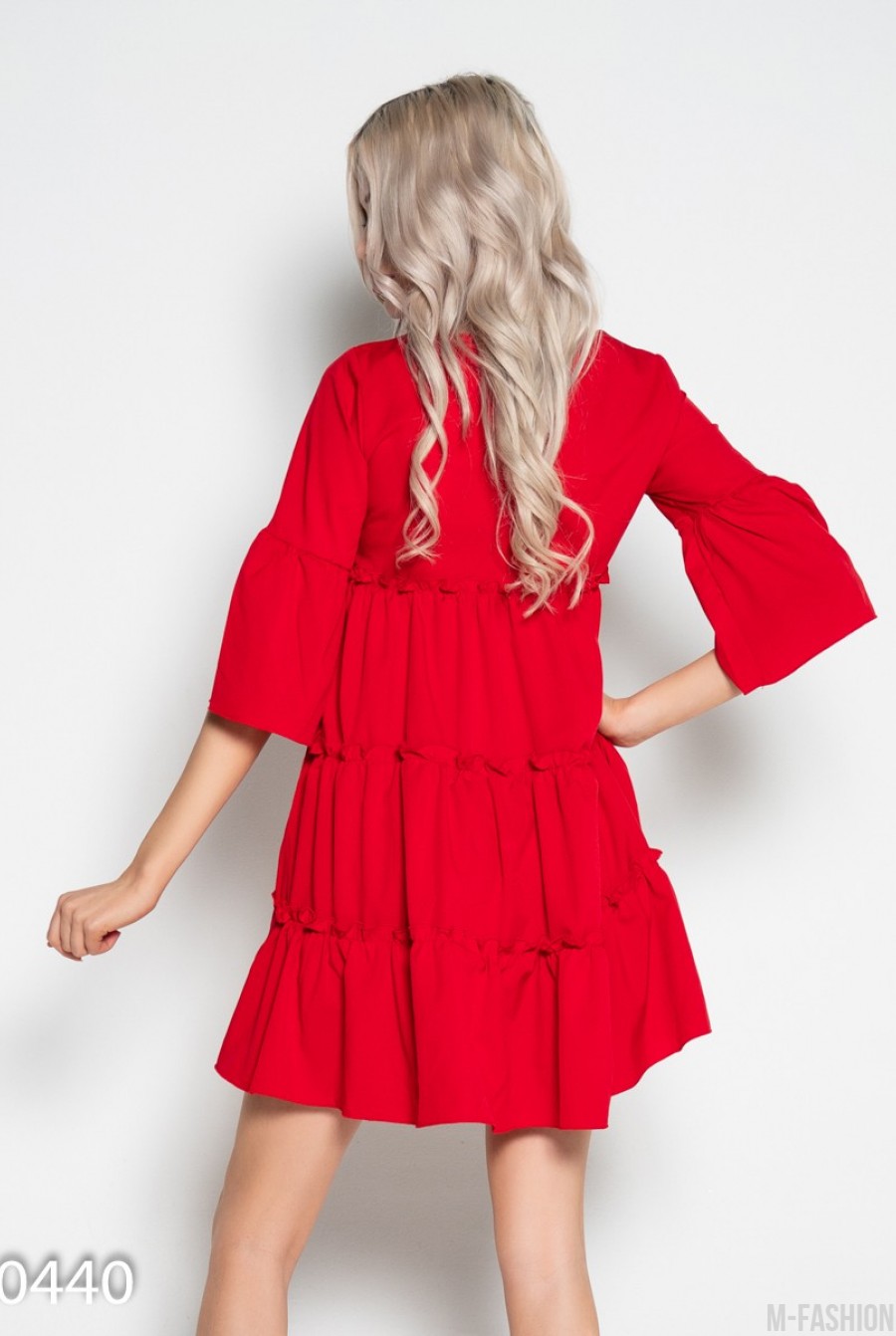 Красное платье-трапеция с рюшами и воланами- Фото 3