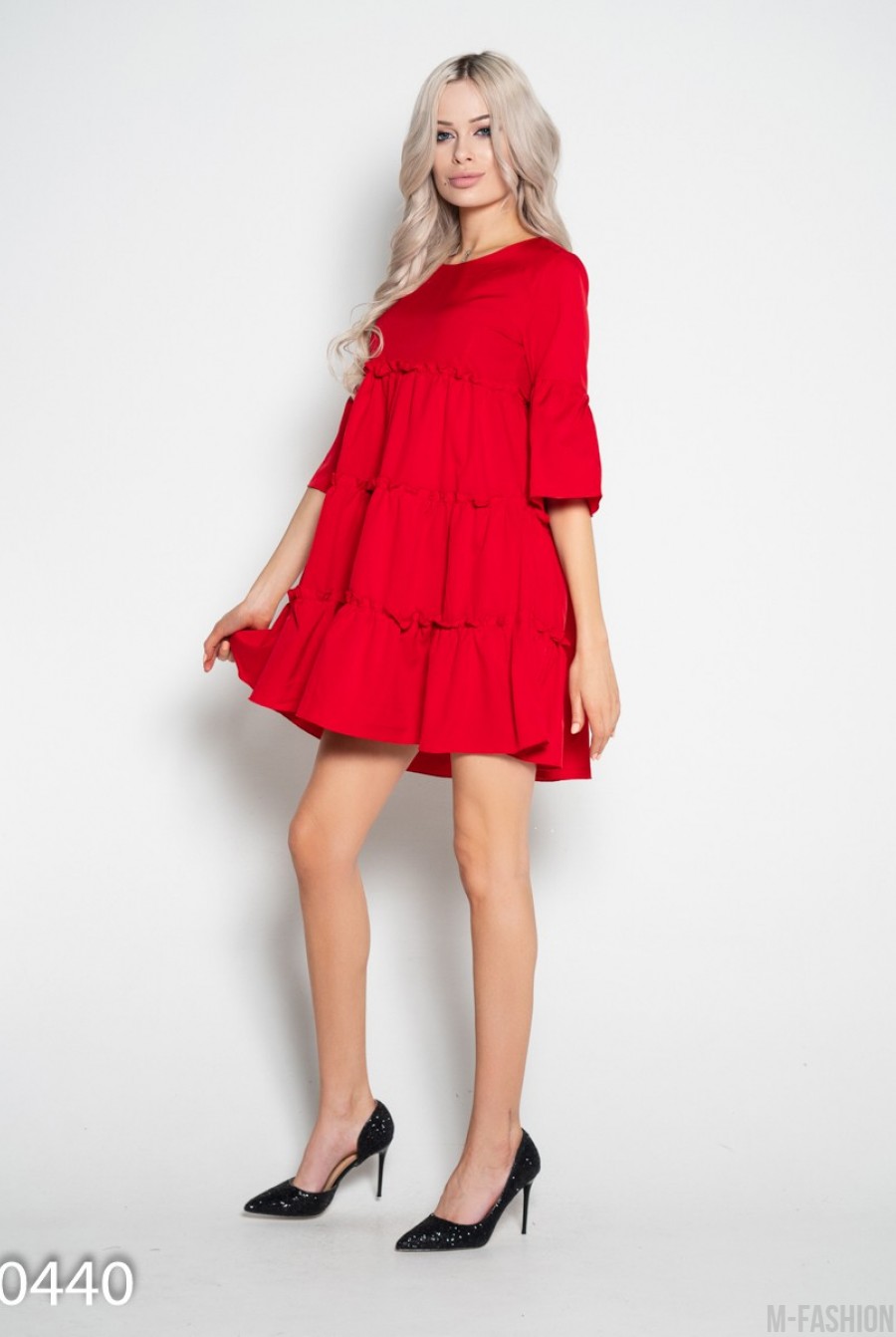 Красное платье-трапеция с рюшами и воланами- Фото 2