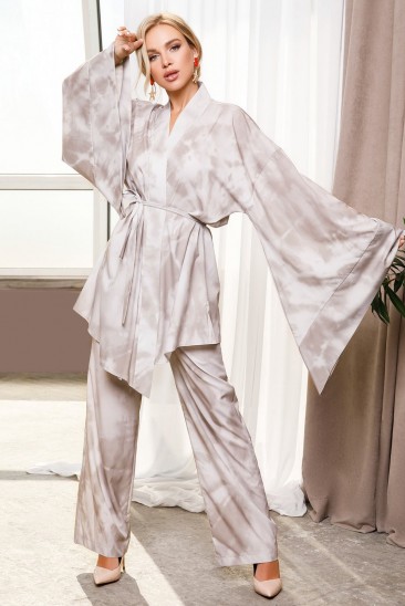 Коричневый принтованный брючный костюм с кимоно