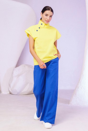 Желто-синий хлопковый брючный костюм с блузой